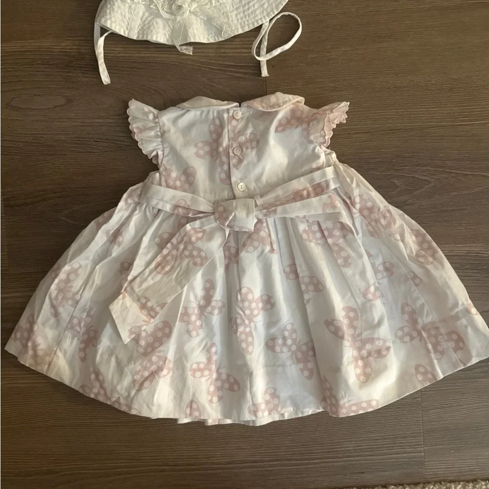 Fleurisse baby girl white pink butterfly print dress with smocking and sun hat